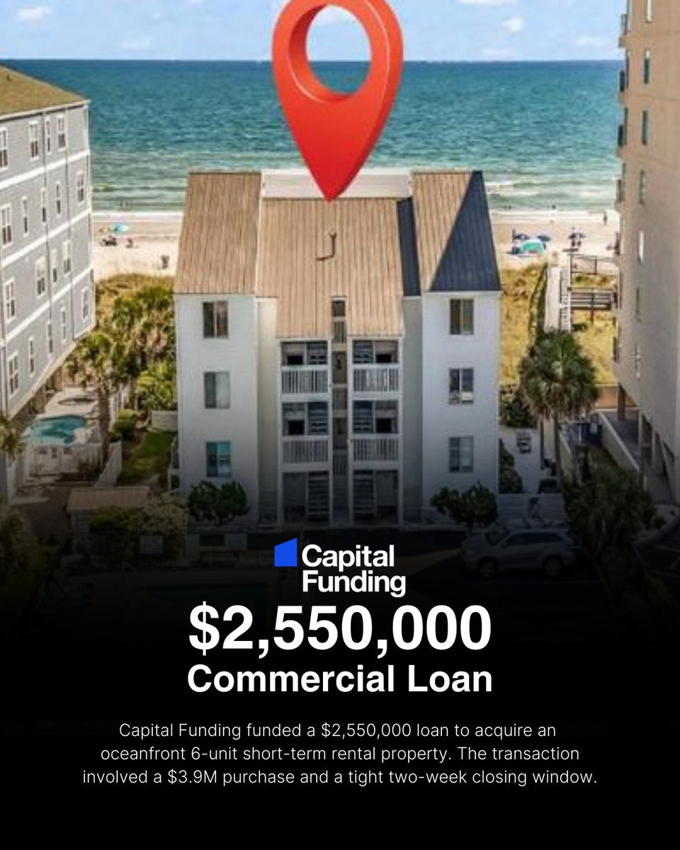 CapFundingFin's tweet photo. With only two weeks to close, Capital Funding delivered a $2.55M commercial loan for the acquisition of an oceanfront rental property!

Need a lender who can move at your pace? Visit our site to learn more.

#realestateinvesting #commercialloans #businessloans #loans #finance https://t.co/hnnb8fkV0y