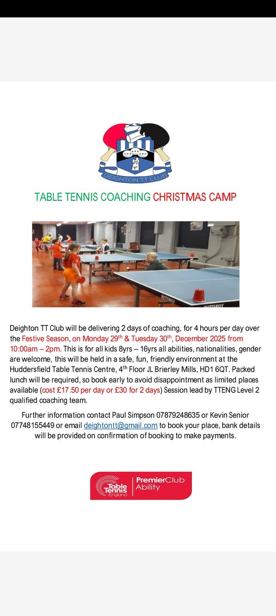 Not to be missed keep your kids active over the Christmas period two days of Table Tennis Coaching sessions lead by TTENG qualified Level 2 coaching team. <a href="/CrossHeathSport/">Crossley Heath Sport</a> <a href="/KMSchool/">Kirkburton Middle School</a> <a href="/fixbyschool/">fixbyj&ischool</a> <a href="/snhsacademy/">Salendine Nook High School</a> <a href="/HonleyHighUK/">Honley High School</a> <a href="/ReinwoodJuniors/">Reinwood Juniors</a> <a href="/BBGAcademy/">BBG Academy</a> <a href="/MoorEndSch/">Moor End Community Primary School</a>
