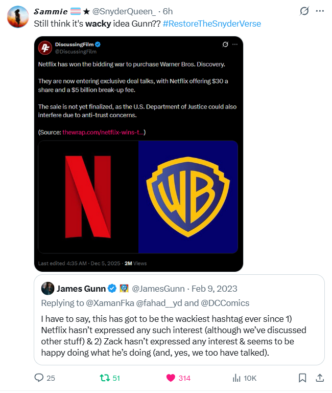 SamuEl_KentMan's tweet photo. @theeSNYDERVERSE Not so wacky of a hashtag now, huh... #SellSnyderVerseToNetflix
James Gunn however is the wackiest person to be involved with DC. #FireJamesGunnAgain
#RestoreTheSnyderVerse https://t.co/KuTIQo74zT