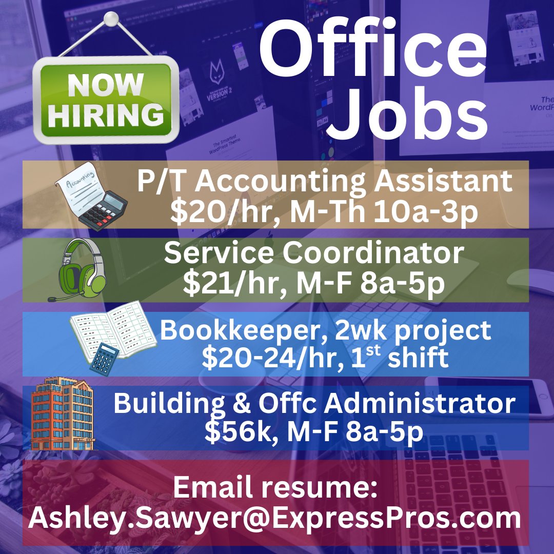 ExpressIndyE's tweet photo. Here are some of the office roles we're currently filling. Send your resume to Ashley.Sawyer@ExpressPros.com. Happy Friday! https://t.co/kBvkpXYLf9