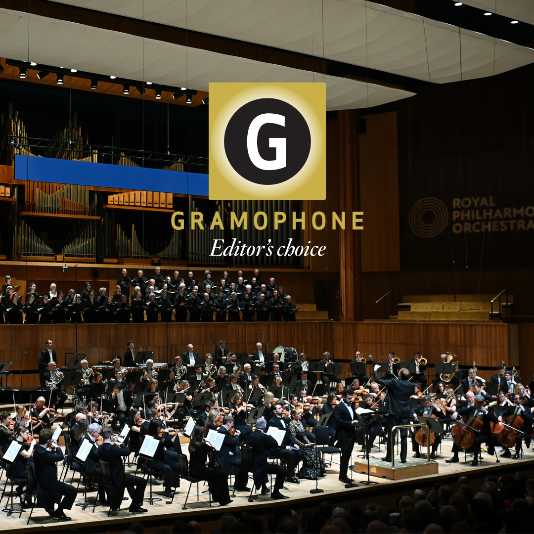 Vasily Petrenko conducting the Orchestra and Philharmonia Chorus in the Royal Festival Hall, with the Gramophone logo and text 'Editor's Choice' overlaid