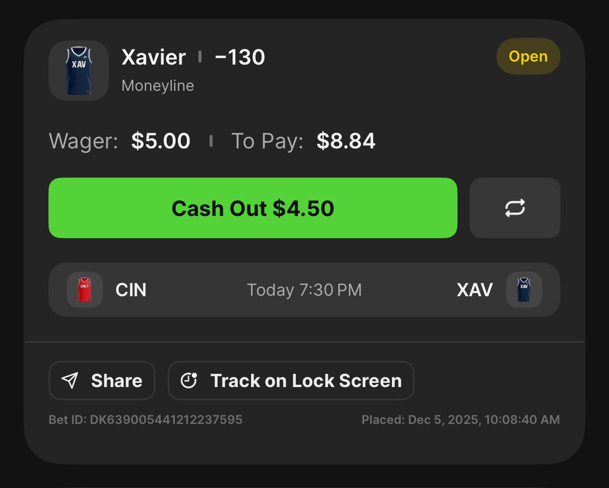 TrashTakes123's tweet photo. Game 10 of betting $5 against Xavier every time so that I either make money or they get the W.
SIKE. Iโm never betting on the bear kittens. Xavier by a million today.
Opponent: Cincinnati (+110)
Season Total: -$20.90
#LetsGoX #RollBlob #ZipEmUp https://t.co/iQiVx2Lcwp