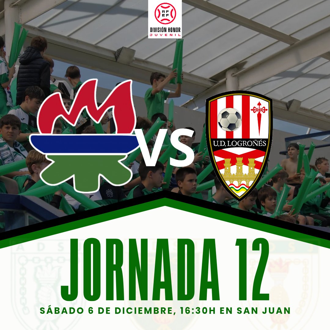 🟢 𝐃𝐇 | 👉 Este sábado nuestro DH se encuentra ante el décimo segundo partido de la temporada.

🏆 División de Honor
⚽️ Jornada 12
📆 6 de Diciembre  
🕢 16:30
🏟 San Juan 
🆚 <a href="/UDLogrones/">UD Logroñés</a>
🎟️ 5€

#DH #SanJuanLogroñes #Cantera #Vamosverdes
