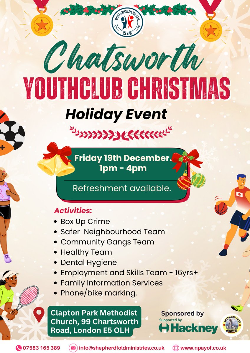 Chatsworth YouthClub are excited to invite you to their upcoming “Chatsworth Youth Club Christmas Holiday Event” 

Date: 19 Dec
Time: 1–4PM  
Location: 99 Chatsworth Road, E5 0LH.

One of our <a href="/HackneyFIS/">Hackney Education Family Information Service</a>  lovely team members will be there to chat about our services.
