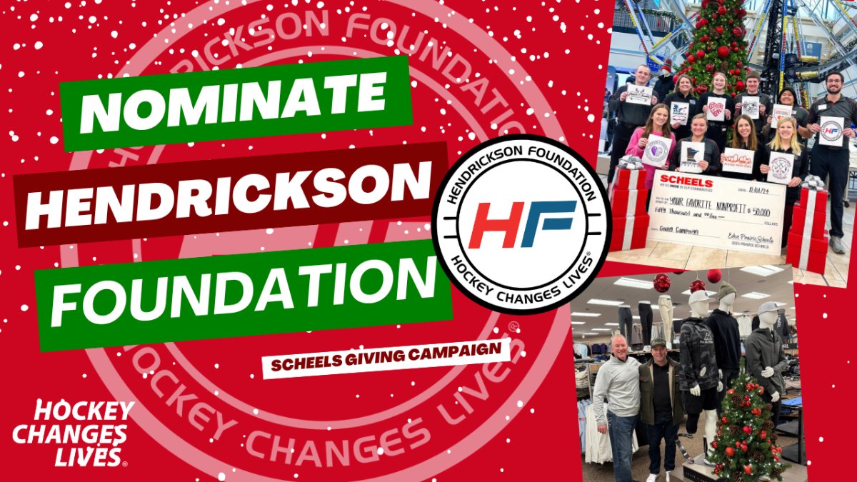 Help us make an impact by nominating the Hendrickson Foundation for the Scheels Giving Campaign! Together, we can continue changing lives through hockey. <a href="/HendyFoundation/">Hendrickson Foundation</a> 
Here’s how:
1️⃣ Click this link: tinyurl.com/vsprwr8a
2️⃣ Nominate the Hendrickson Foundation