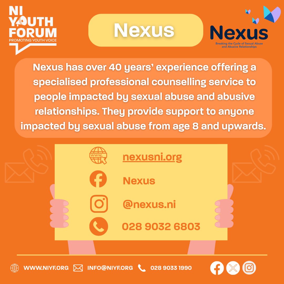 NIYF's tweet photo. 🧡16 Days of Activism Against Gender-Based Violence🧡

Support Services in NI

If you need someone to talk to, somewhere safe to go, or advice on what to do next, there are services ready to listen and support you:

 🔸Nexus — offering confidential support for anyone affected by sexual abuse or violence.
 🔸Women’s Aid — providing safety, guidance, and emergency accommodation for women, children,   
        and young people.
 🔸Men’s Advisory Project — supporting men who are experiencing domestic or gender-based violence.

These organisations are here for young people of all genders and identities.

Reaching out is a brave step and you deserve to feel safe, heard, and supported.

@WomensAidNI 

#NoExcuse #ACTtoEndViolence #WomensRightsAreHumanRights