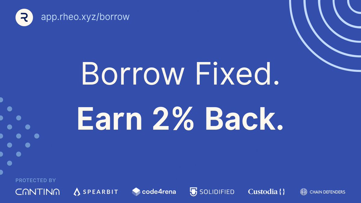 rheo_xyz's tweet image. 90d+ fixed rates from 6.12% APR – with a 2% rebate back ⏪

✓ Predictable costs
✓ Prime collateral
✓ Market-proof funding

🔗 app.rheo.xyz/borrow