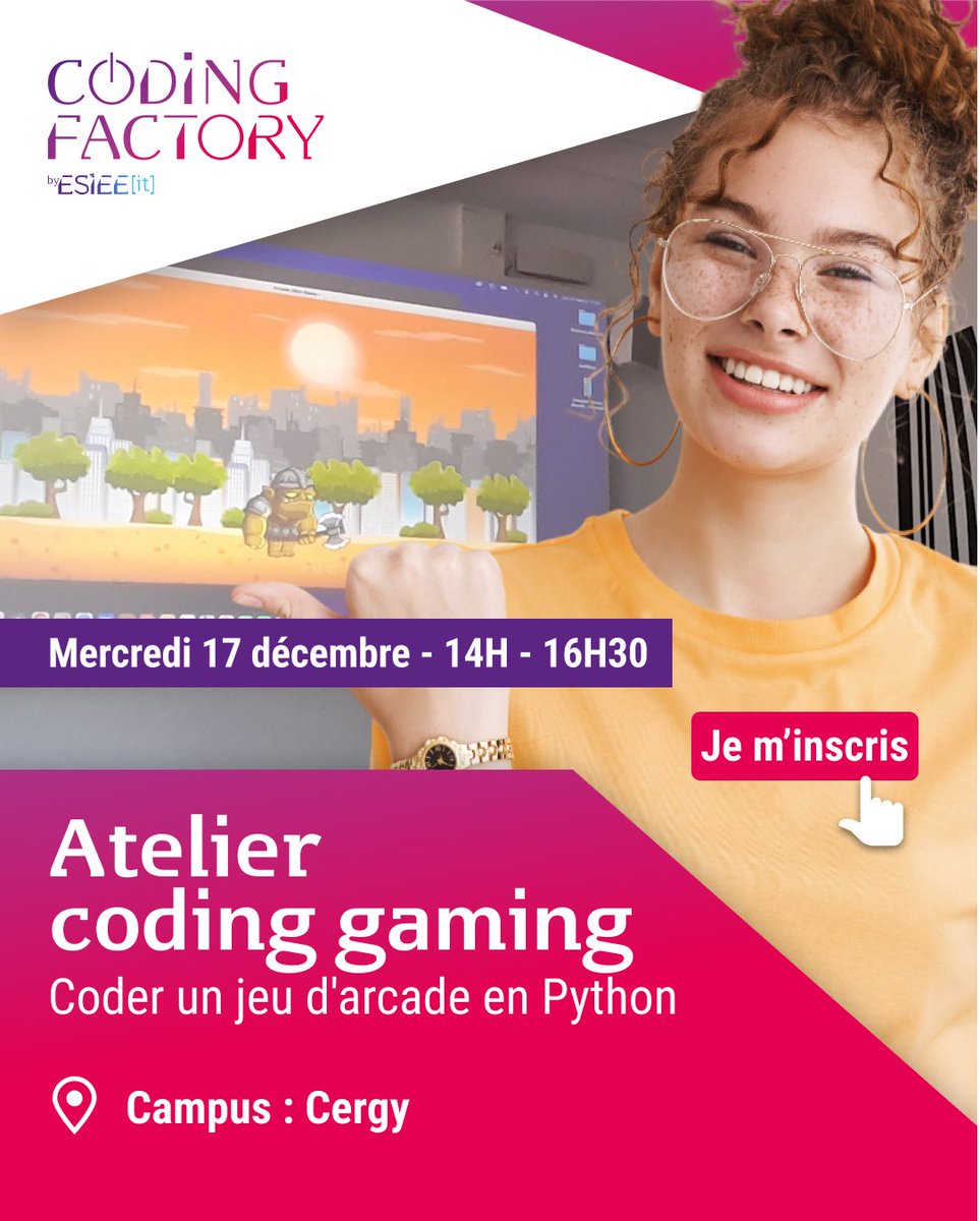 CodingEsieeIT's tweet image. Nouvel atelier sur le campus de Cergy !

Viens coder ton propre jeu d’arcade en Python 🕹️

📅 Mercredi 17 décembre
🕓 De 14h à 16h30
📍 Campus Cergy

Places limitées, alors ne tarde pas !
Inscris-toi : esiee-it.fr/fr/evenements/…

#Gaming #JeuVidéo #Informatique #CodeLife