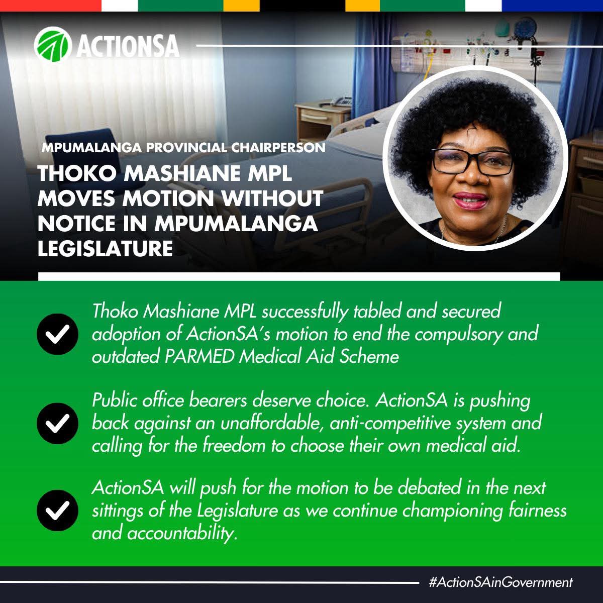 A win for fairness and accountability. 

ActionSA is fighting to ensure that public representatives are no longer forced into an expensive, compulsory scheme. We will push for this motion to be debated in the next sittings of the Mpumalanga Legislature.