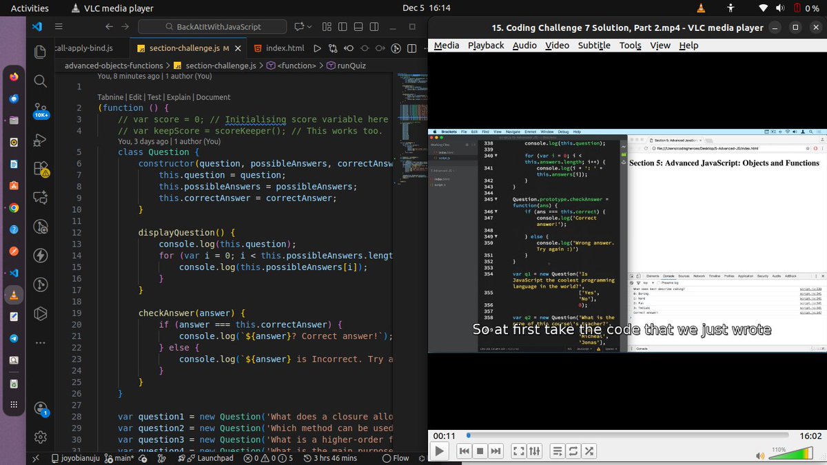 Obianuju_sunday's tweet image. Day 26 — #BackAtItWithJavaScript

Solved the next two challenges from the book where I left off. 
I also watched my tutor’s code too, compared how they handled things and how I did, looking at functionality and modularity. 

Exhausted but I feel very good about today’s wins.✨