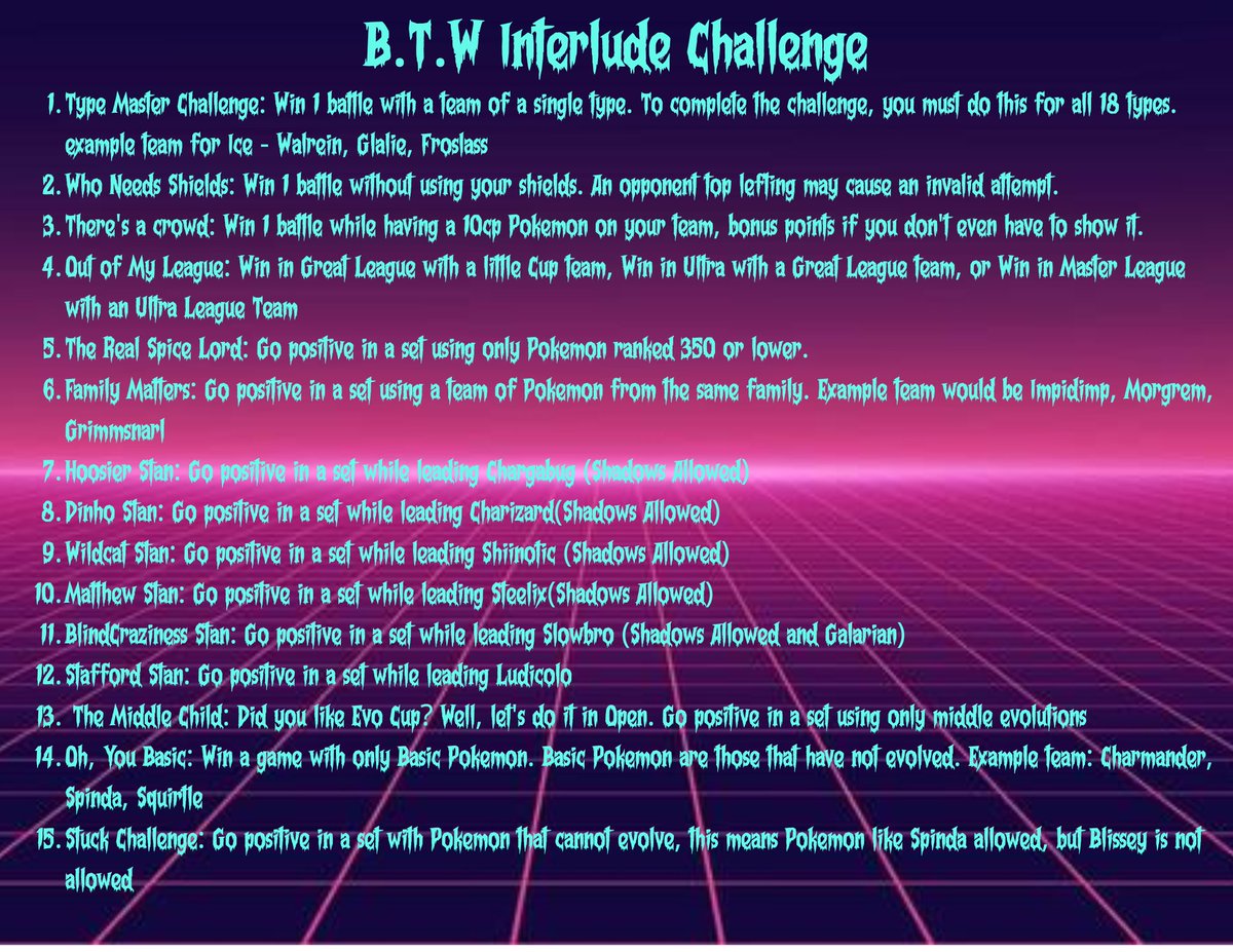Feeling unmotivated with the Interlude Season? Well, we have a challenge for you. Once you hit Rank 20, can you accomplish all 15 challenges? Also, if you are in our Discord and complete all 15, you have a chance to win a Go Tour ticket.