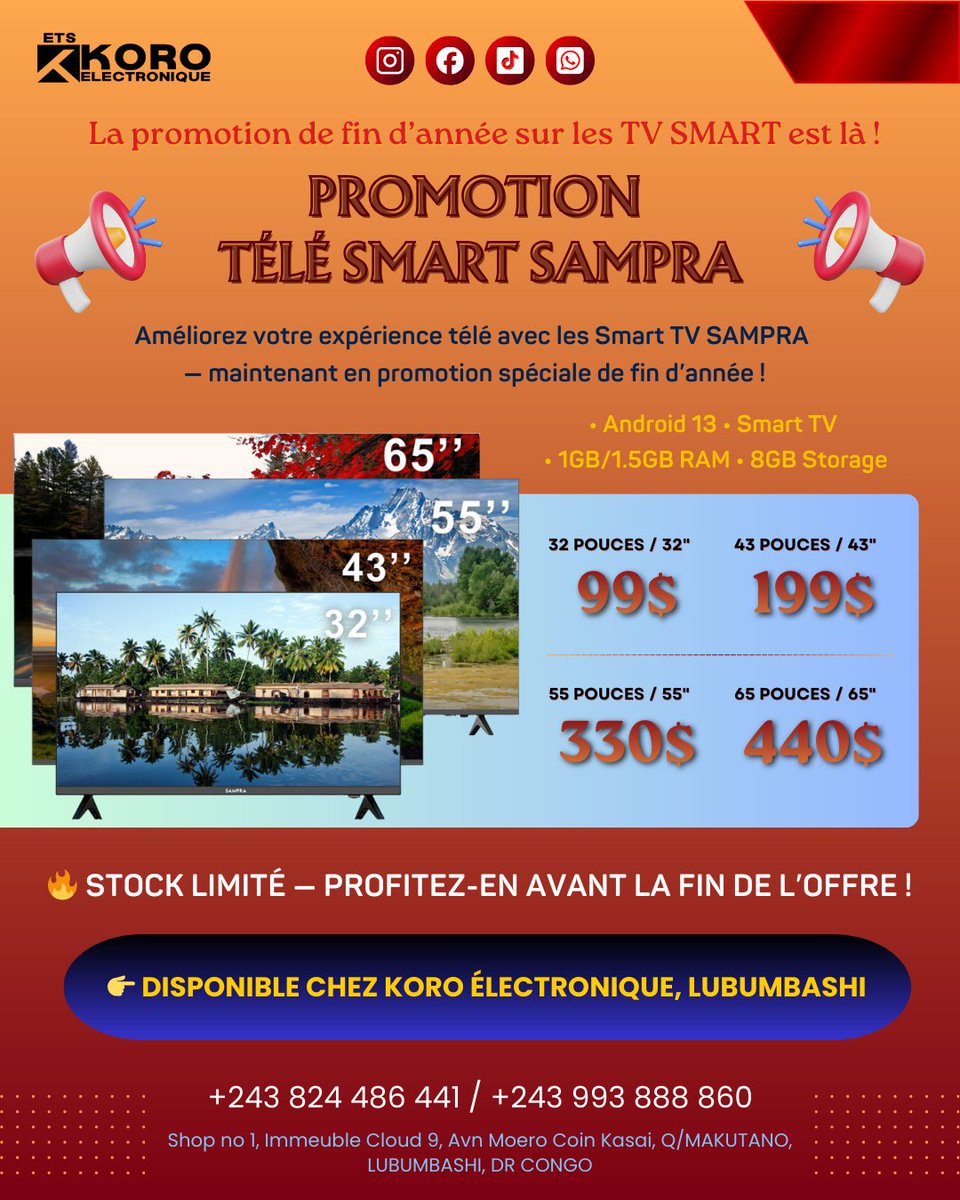 EtsKoro's tweet photo. ✨Améliorez votre expérience télé avec les SmartTV SAMPRA - maintenant en promotion spéciale de fin d’année!

• Android 13
• Smart TV
• 1GB/1.5GB RAM
• 8GB Storage

🔥Stock limité

#etsKOROelectronique #KoroElectronique #Lubumbashi #DRCongo #ShopLocal #TrustedStore #CongoTech https://t.co/hC9fGiIMrw