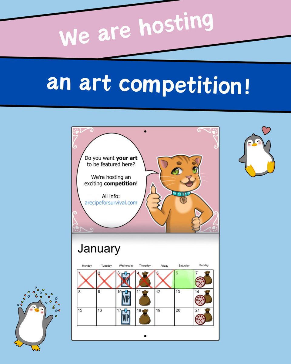 We are hosting an art competition! As part of our game, we have a calendar system that keeps track of the player’s progress throughout their runs. 
We would love to feature our players art here to see more details: arecipeforsurvival.com/competition

#artcompetition #gamedev #indiegame