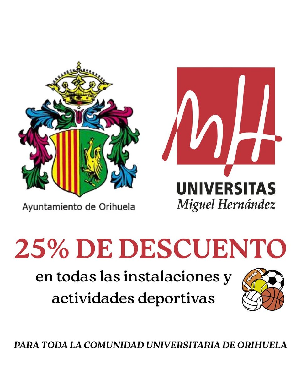 🤝 𝐔𝐌𝐇 / 𝐀𝐘𝐓𝐎 𝐎𝐑𝐈𝐇𝐔𝐄𝐋𝐀

La Concejalía de Deportes del Ayuntamiento de Orihuela ofrece a toda la comunidad universitaria del Campus de Orihuela un 25% de descuento en todas sus instalaciones y actividades deportivas.

A partir de mañana, 5 de diciembre.
