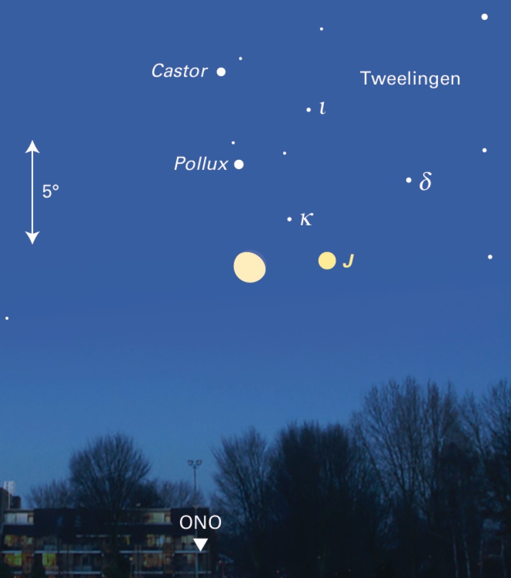 Zondag 7 december
’s Avonds zien we een mooie samenstand van de maan (88% verlicht) met Jupiter en de sterren Pollux en Castor. Uit Sterrengids 2025 wwww.zenitonline.nl