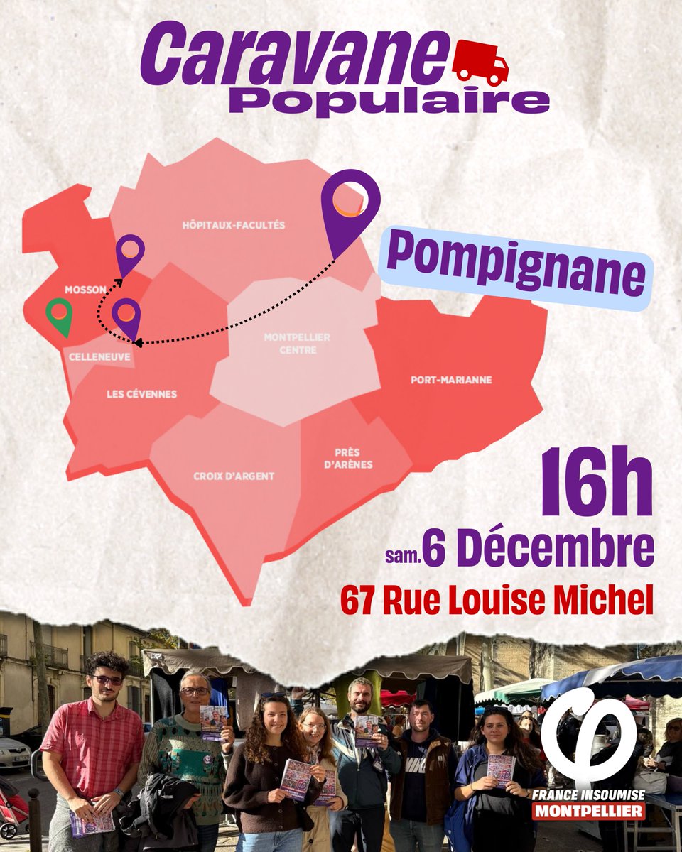 RDV à la Pompignane demain, samedi 6 décembre, pour notre deuxième Caravane Populaire !

🕓16 h
📍67 rue Louise Michel