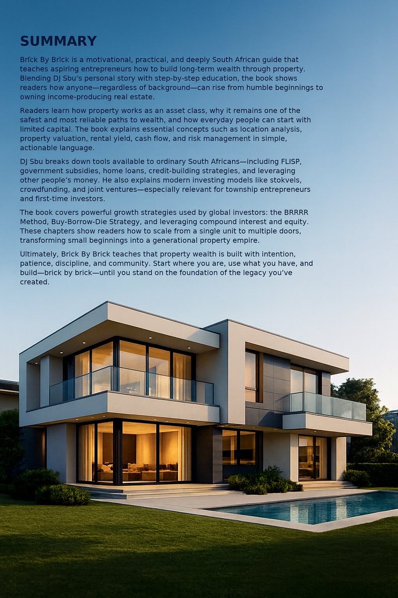 djsbu's tweet image. This one has been worth the wait.
Dropping 16th December in time for Christmas!

Brick By Brick : The Entrepreneur’s Guide To Property Wealth by Yours Truly Sbusiso Leope WeNkosi 🙏🏿

R550 for 15 Chapters &amp;amp; 50000 words of a step by step guide to the Art of Hustling Real Estate. I…