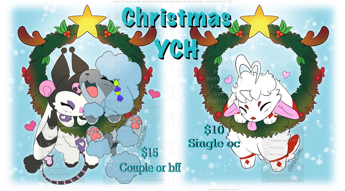 Hey guys ! 
Do you need a Christmas Ych ?🎄Here there are !!
🎄$10(RM40) for single oc
🎄$15(RM60) for couple or bff oc 
🎄All types furry are welcome 
🎄TAT around 1- 3 days (super fast!!)
Dm me if u interested 😉
Any ❤️🔄💬 are appreciate.
Thank you so much 🩷🩷
#ChristmasYCH