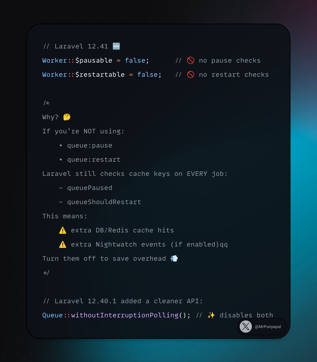 MrPunyapal's tweet image. Laravel developers, here is a small performance tip 🔥

Stop your workers from doing pause/restart polling you don’t actually need 🚫

Fewer cache hits → smoother queue performance ⚡