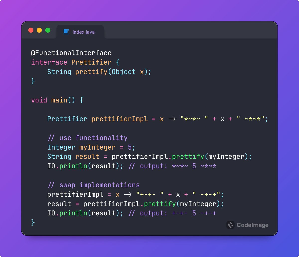 evon_codes's tweet image. Java may be rooted in OOP, but you can absolutely write functional-style code too! Check out how easy it is to swap behavior using lambdas👇