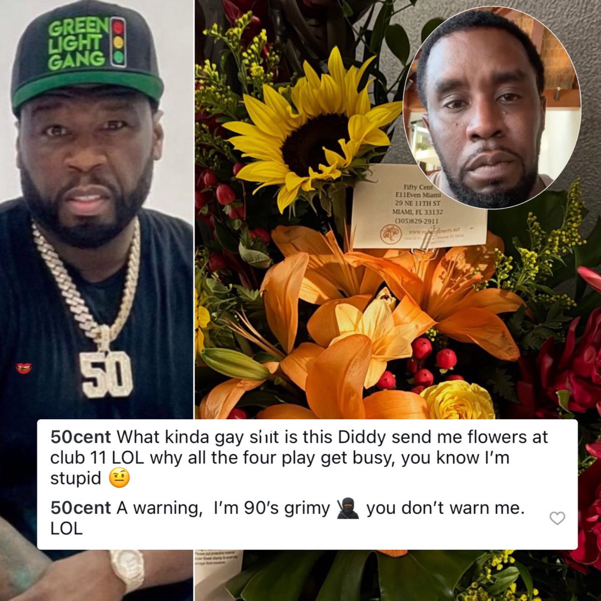 SaycheeseDGTL's tweet image. 50 Cent claims Diddy had flowers sent to his club appearance in Miami 💐
