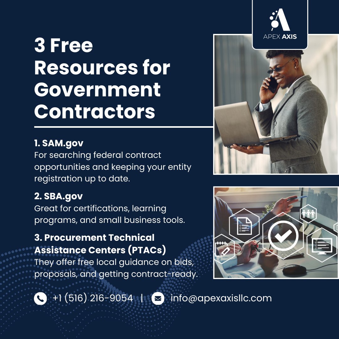 ApexAxisLLC's tweet photo. Unlock Your Growth with These 3 Free Resources Every Government Contractor Should Be Using. 🚀
#GovernmentContracting #GovConTips #ApexAxis #SmallBusinessGrowth #ContractReady https://t.co/erXHqfq9LK