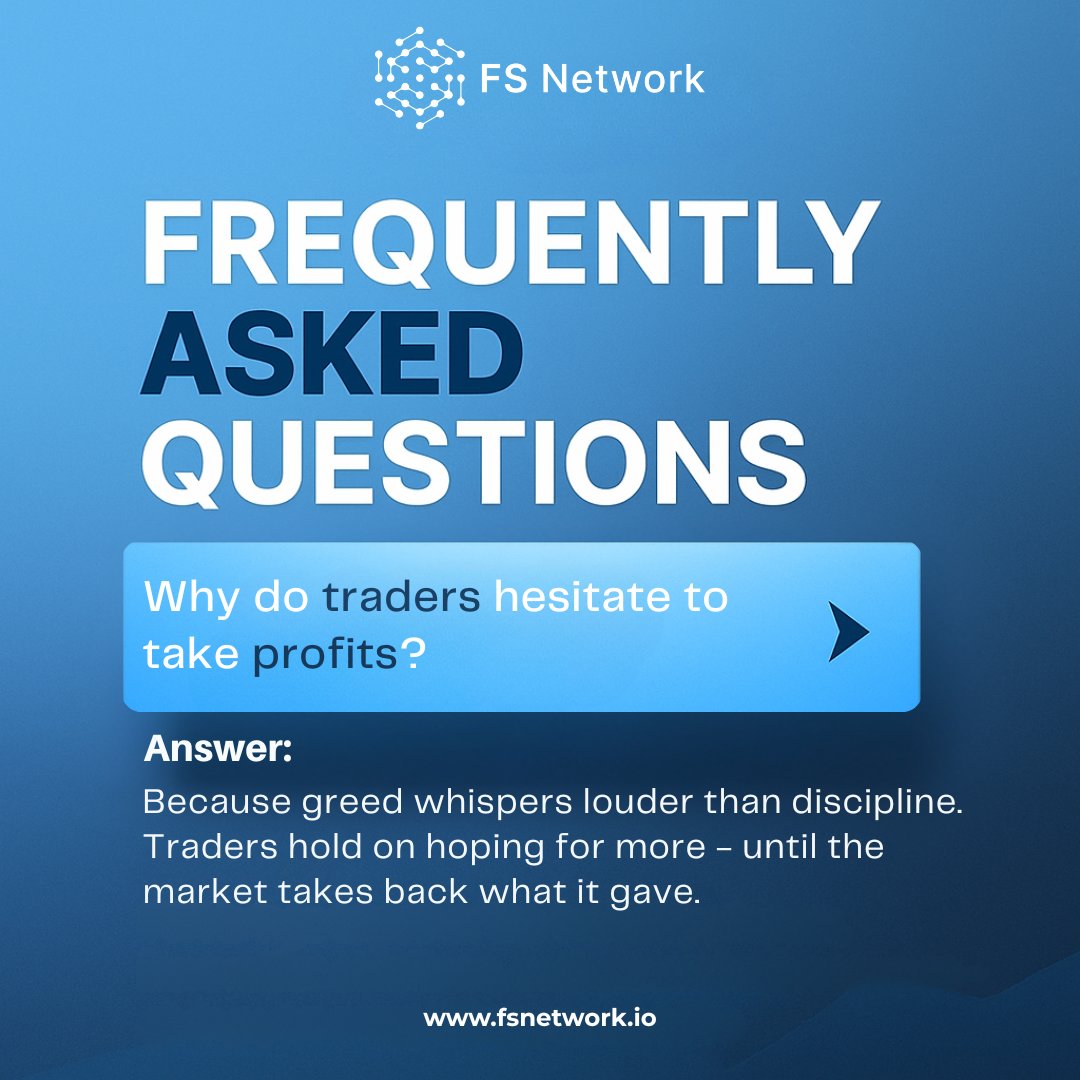 fsnetworkio's tweet photo. 🧠 Why do traders hesitate to take profits?
Because greed whispers louder than discipline.
Holding on “just a little longer” feels tempting - until the market takes back what it gave.
Real traders secure gains, not wishes. 💼⚠️
#FSNetwork #TraderMindset #DisciplineWins https://t.co/y9MpBDvADB