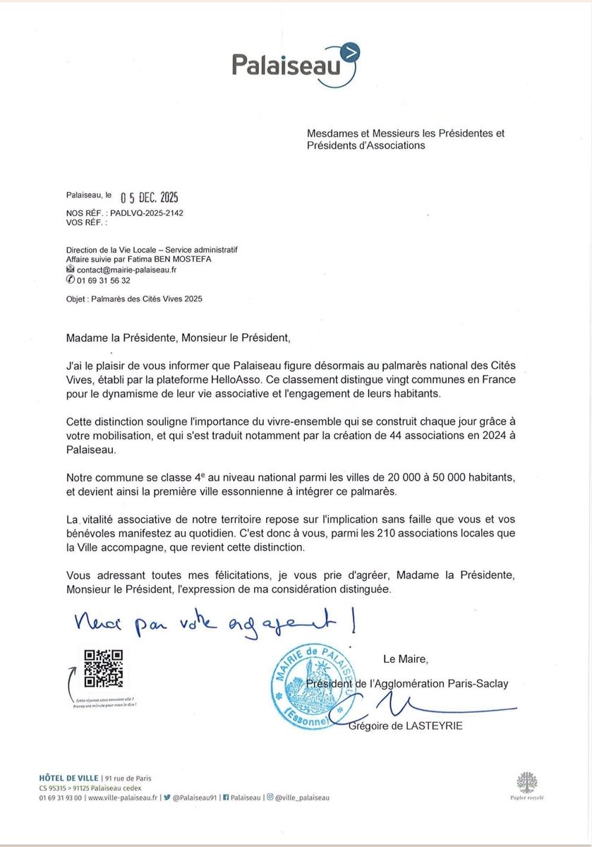 Palaiseau est classée 1ʳᵉ de l’#Essonne et 4ᵉ en #France au palmarès « #CitésVives 2025 ».
Notre Association Culturelle Franco-Arménienne est fière d’avoir contribué à cette réussite.
Félicitations à toutes les associations et à la Mairie de <a href="/Palaiseau91/">Ville de Palaiseau</a>. Merci à notre équipe✌🏻