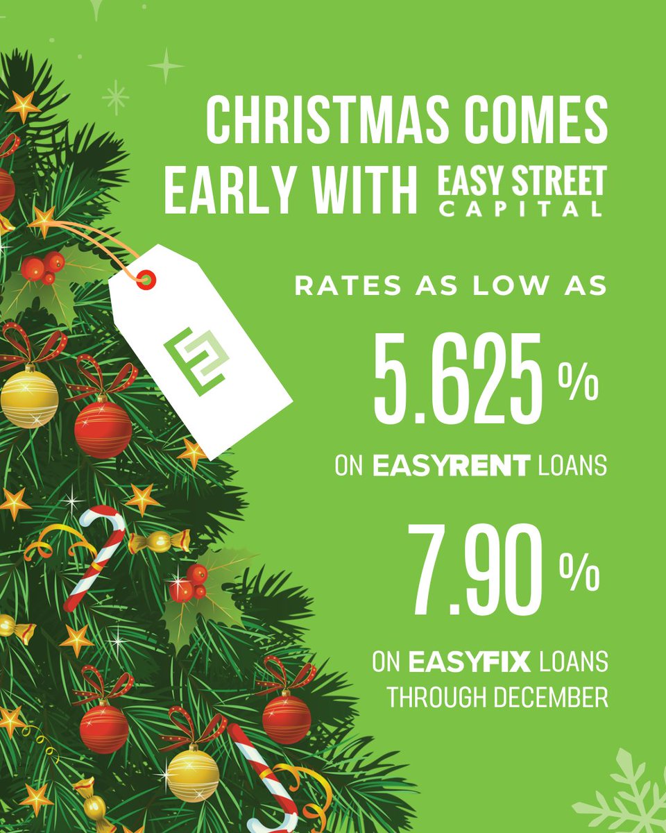 EasyStreetCap's tweet image. Christmas comes early with Easy Street Capital! 🎄 
EasyRent DSCR rates as low as 5.625% and EasyFix fix-and-flip rates as low as 7.90% through December. Lock in your holiday savings with your AE or contact us today. hubs.ly/Q03WZxL00

#EasyStreetCapital #HardMoney #DSCR