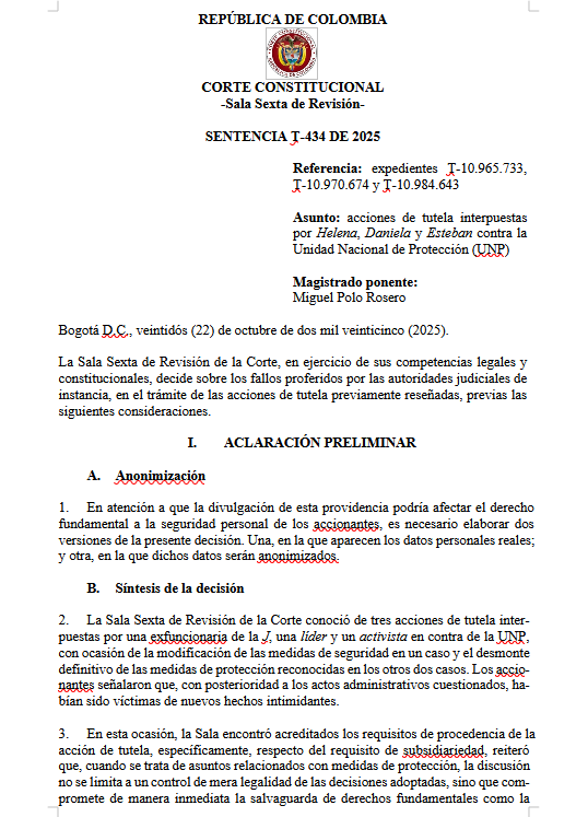 articulo20's tweet photo. SENTENCIA RECOMENDADA 🗣
#Constitucional #Procesodepaz
@CConstitucional recuerda responsabilidad de la UNP para determinar niveles de riesgo y adoptar medidas de protección para particulares y líderes sociales
SENT: T-434 DE 2025 | EXP: T-10.965.733, T-10.970.674 y T-10.984.643
Solicita la providencia completa AL CORREO: gestiondocumental@articulo20.com.co ENVIANDO EL TÍTULO con la frase "Los leo en X. Envíame un Demo con la información".