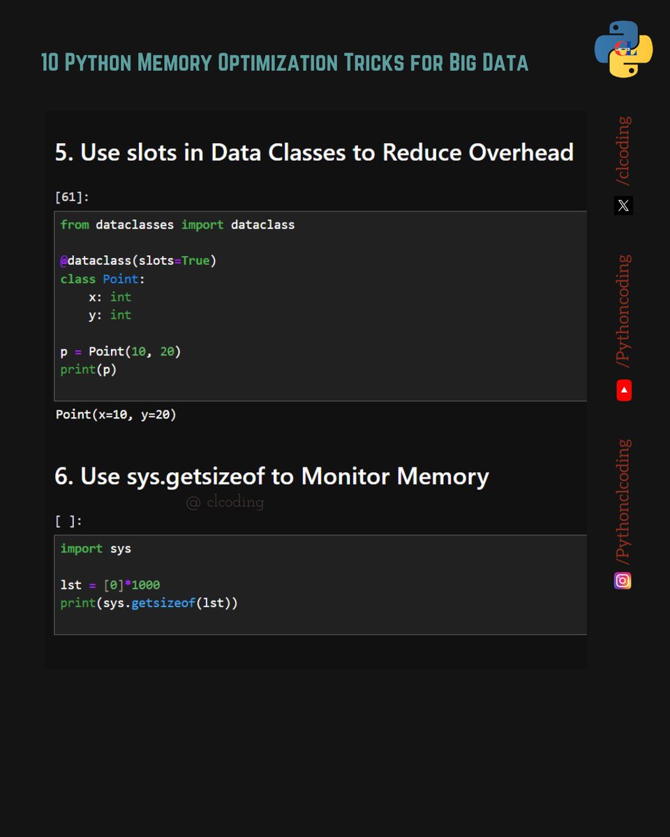clcoding's tweet image. 8 Python Memory Optimization Tricks for Big Data