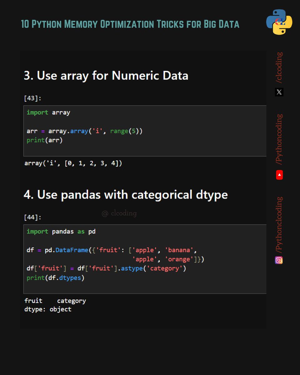 clcoding's tweet image. 8 Python Memory Optimization Tricks for Big Data