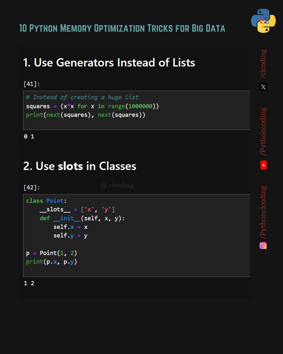 clcoding's tweet image. 8 Python Memory Optimization Tricks for Big Data