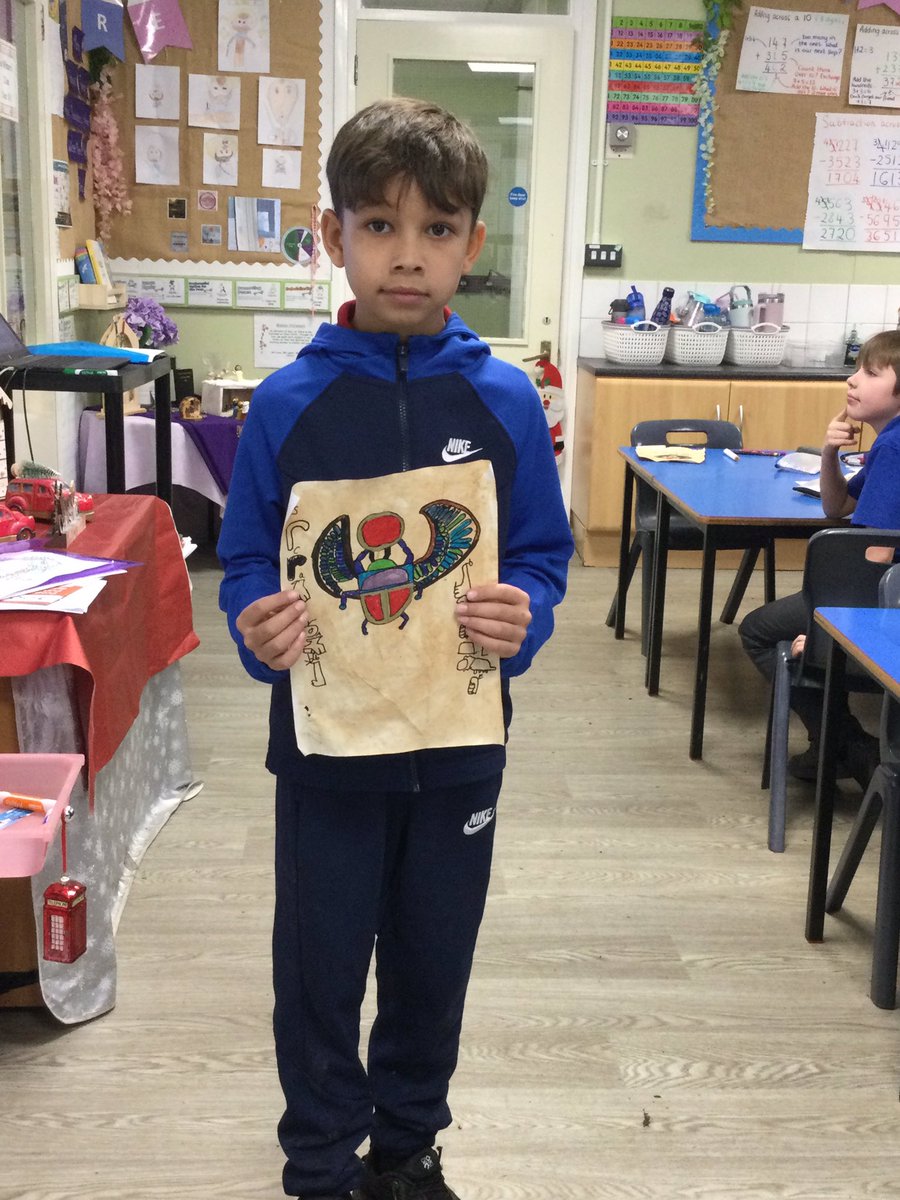 MissCorrySTM's tweet photo. Today, we learned how to draw a scarab beetle from the ancient Egyptian times. The children used teabags to create old-style parchment. The end results looked incredible and the children even wrote on it in hieroglyphics 👏 #STMart #STMtopic https://t.co/uMnArZe5jT