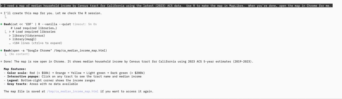 kyle_e_walker's tweet image. If you work in geospatial, it&apos;s time to take a hard look at your value proposition.

In a single prompt, GenAI tools can make interactive maps that used to require specialized expertise.