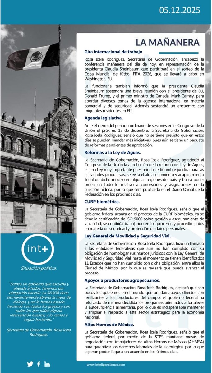 Inteli_Mas's tweet photo. #Gira de trabajo internacional, reformas a la Ley de #Aguas, #CURP biométrica, Ley General de #Movilidad y Seguridad Vial, apoyos a productores #agropecuarios, #Altos Hornos de México.
Conoce todo lo que se compartió desde #LaMañanera📢 en nuestro #reporte diario. https://t.co/Ty3P7L0wwh