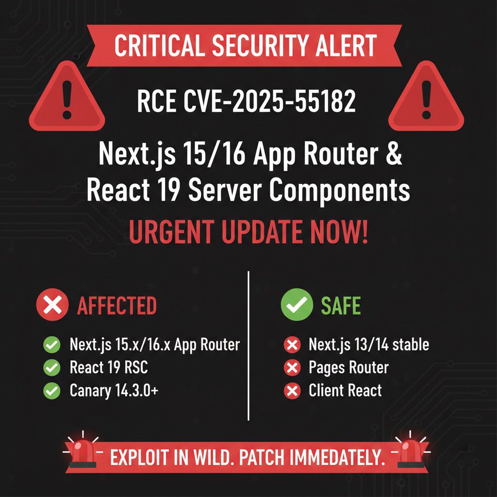 🚨🚨 just a heads up on a massive security issue that dropped this week. Severity 10/10

What: Remote code execution vulnerability (CVE-2025-55182) - attackers can run code on your server with just an HTTP request. No auth needed.

**Are you affected?**
**✅ YES if you're
