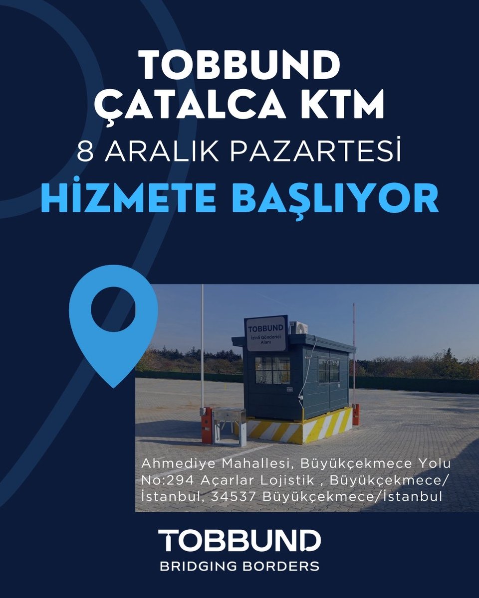 [TR]

Z34091 kodlu Çatalca Kolay Transit Merkezi, 8 Aralık Pazartesi günü faaliyete geçiyor!
 
TOBBUND olarak, Türkiye’nin transit taşımacılığındaki gücünü artırmaya ve operasyonel verimliliği en üst seviyeye çıkarmaya devam ediyoruz.
 
İstanbul’un stratejik konumunda yer alan