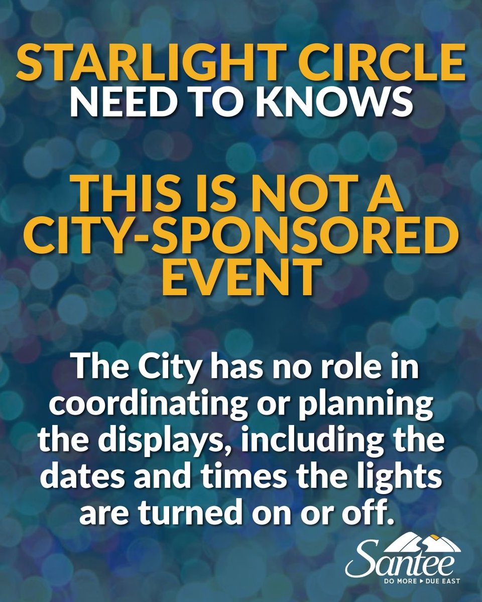 Starlight Circle is not a City-sponsored or City-sanctioned event.

However, because the event draws large crowds, the City of Santee does step in to address public health and safety concerns to keep everyone safe.

Learn more: bit.ly/3OleRni