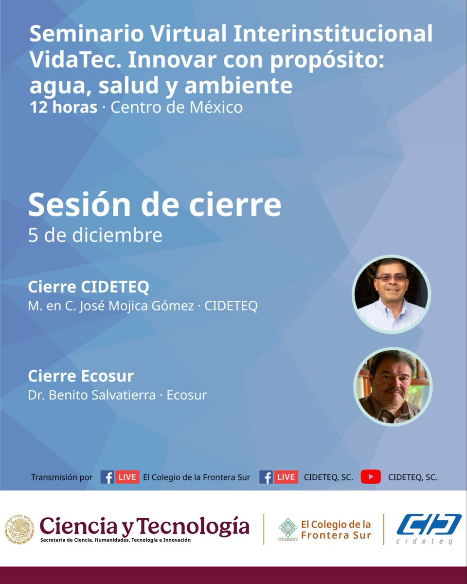 CIDETEQ's tweet image. 📢 Hoy es la sesión final del Seminario Interinstitucional VidaTec, realizado entre CIDETEQ y ECOSUR.

¡Acompáñanos en la transmisión en vivo del cierre! 🤝

#VidaTec #CIDETEQ #ECOSUR