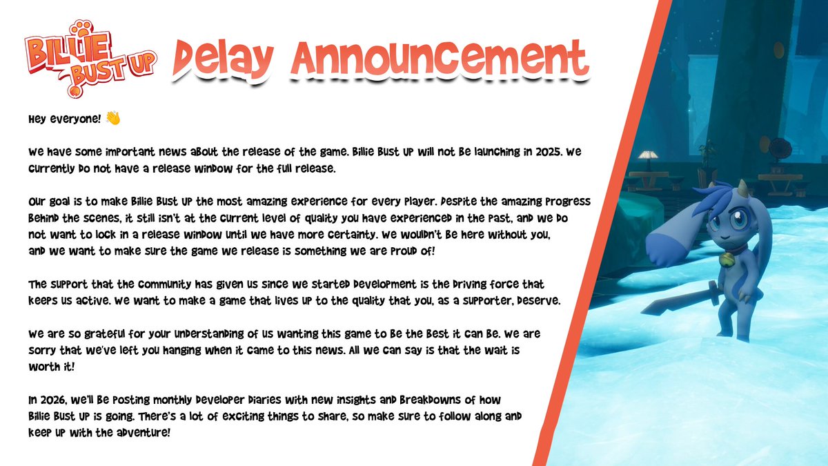 BillieBustUp's tweet image. Here's an update from us regarding release date 👇

You can read the full announcement here: store.steampowered.com/news/app/14008…