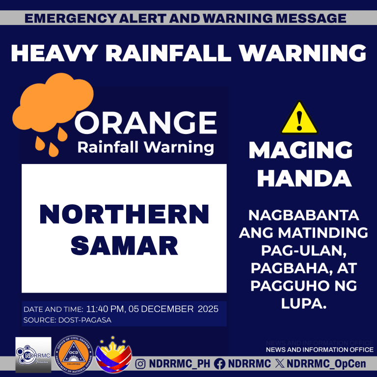 NDRRMC_OpCen's tweet photo. Maging alerto, lalawigan ng #NorthernSamar !
NDRRMC(11:40PM,05Dec25) Orange Rainfall Warning sa Northern Samar. Nagbabanta ang matinding pag-ulan, pagbaha at pagguho ng lupa.
#NDRRMC
#BawatSegundoMahalaga
#WilmaPH https://t.co/Z9Sg2VeoWR