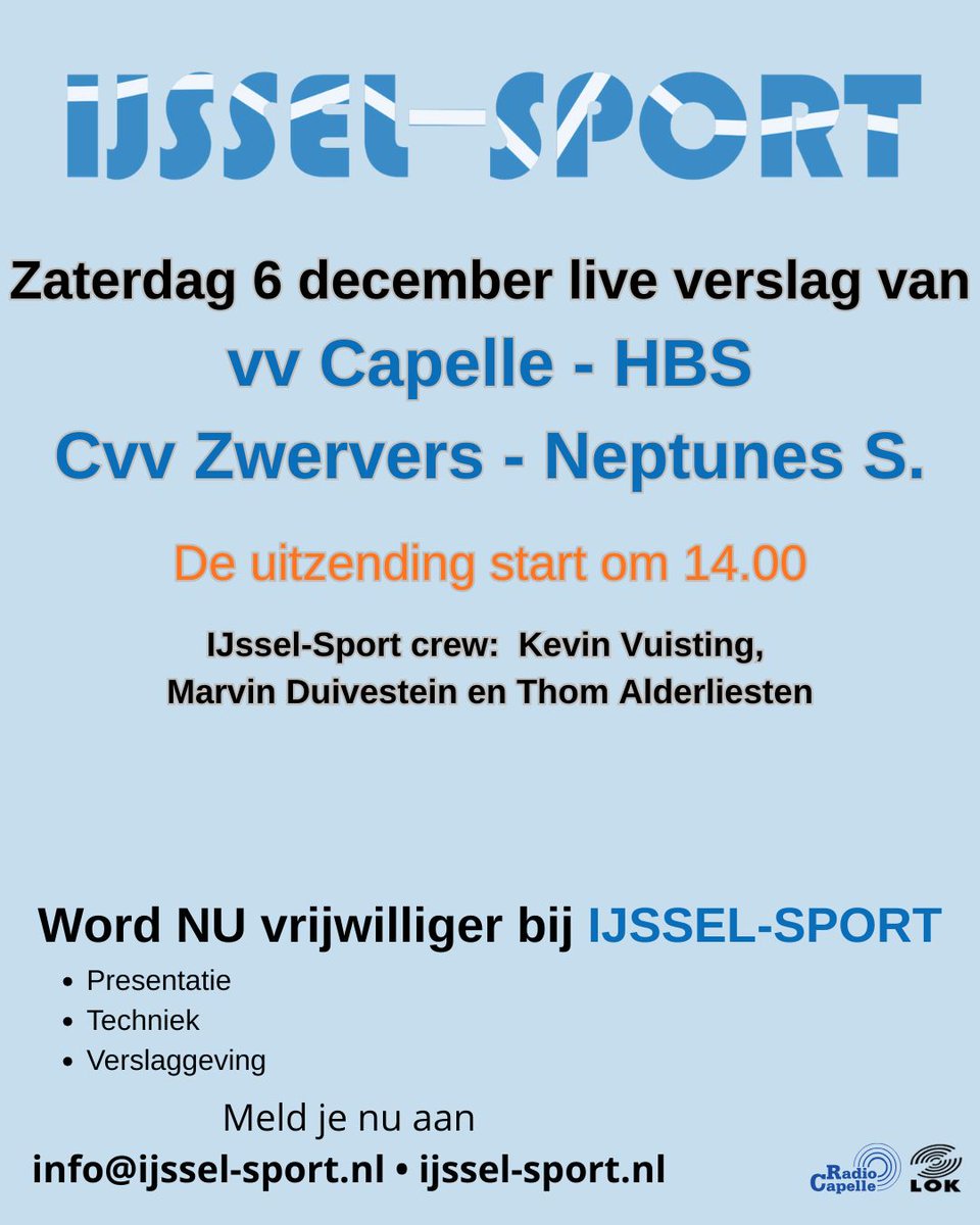 🎤⚽️📻 <a href="/vv_capelle/">V.V. Capelle</a> <a href="/hbscraeyenhout/">HBS Craeyenhout ⚽️🏑🏏</a> <a href="/cvvzwervers1/">C.V.V Zwervers</a> <a href="/NeptunusSchiebr/">Neptunus-Schiebroek</a> Meer info >> ijssel-sport.nl/sport/17850-za…