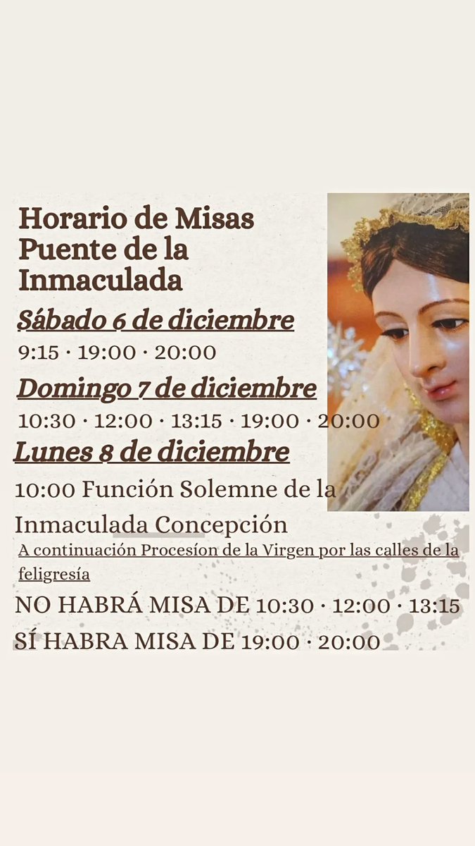 Os informamos del horario de misas en la Solemnidad de la Inmaculada Concepción