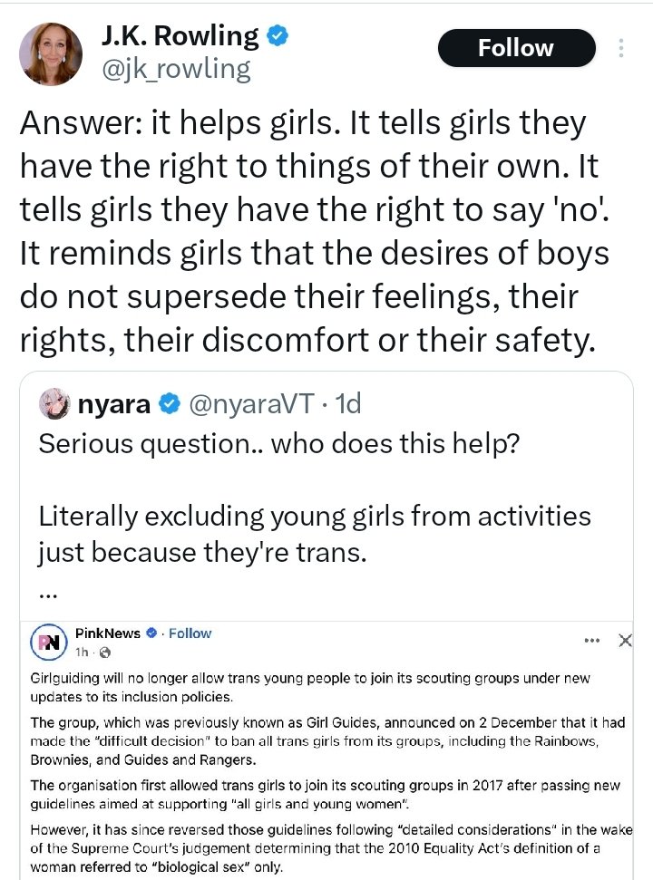 In a staggering bit of anti-logic, JK Rowling claims that the Girl Guides being financially bullied into to expell transgender girls - explicitly against the will of their female leadership and staff members - is good because it "tells girls they have the right to say 'no'".
