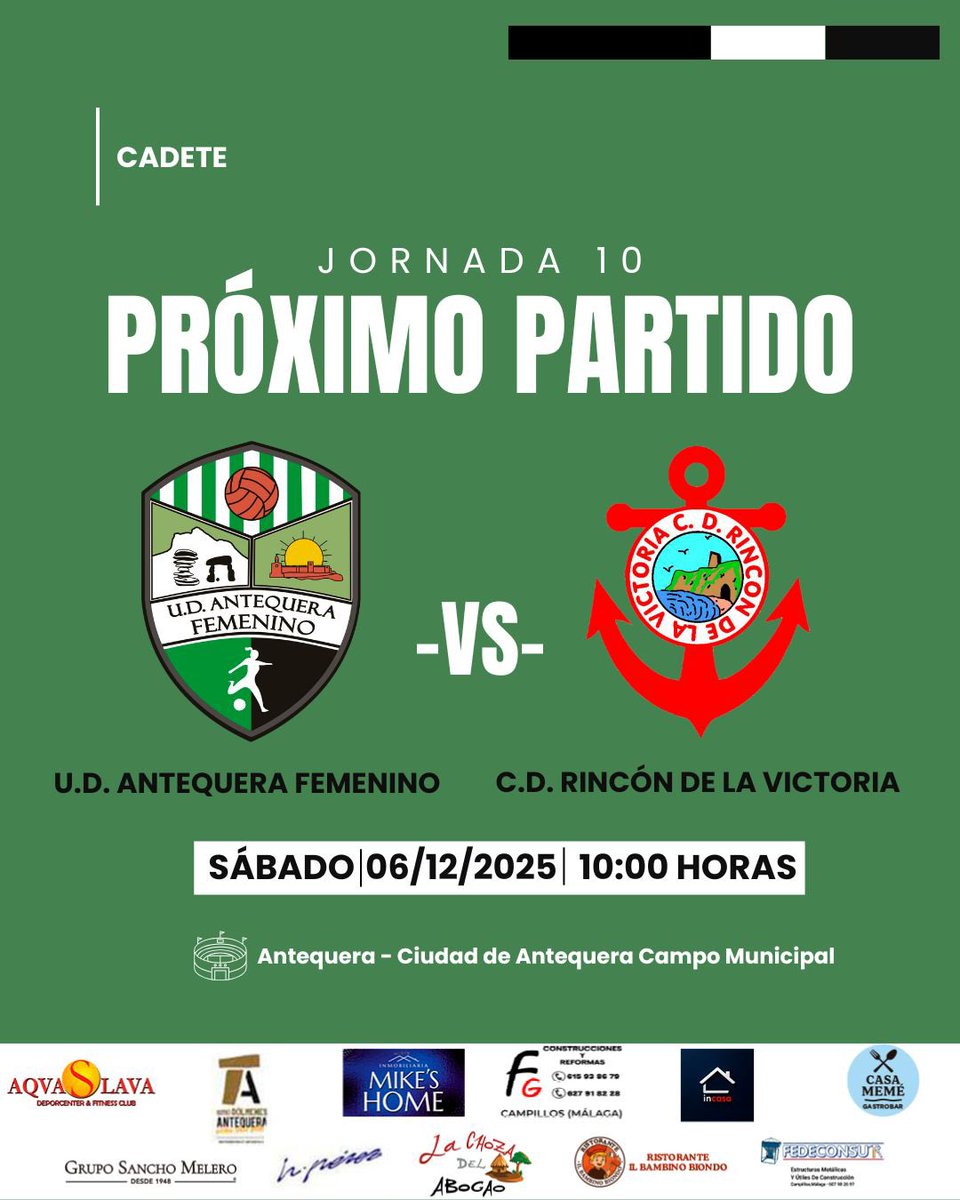 🔥PARTIDO DE LIGA🔥

Partido muy reñido para la clasificación en el que nos encantaría que nos acompañaseis 💪🏼 ¡Vamos las verdes!

🗓️ Domingo 06/12 12:15h
📍Ciudad de Antequera
🆚 #StaRosaliaMaqueda
✔️Jornada 11
—
❗️Partido CADETE

Sábado 6 a las 10h en casa🏠

#LucharJugarYGanar