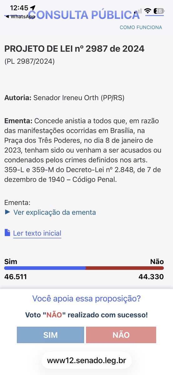 URGENTE!! Estamos perdendo feio. Consulta pública sobre ANISTIA. Votem NÃO!! <a href="/Nilsonhandebol/">N.H</a> <a href="/Rogeriononatosa/">Rogério Santos 🚩🚩🩵🤍</a> ajudem a divulgar e pedir para votarem. 
RT e vamos nos seguir. Sigo de volta. 
www12.senado.leg.br/ecidadania/vis…