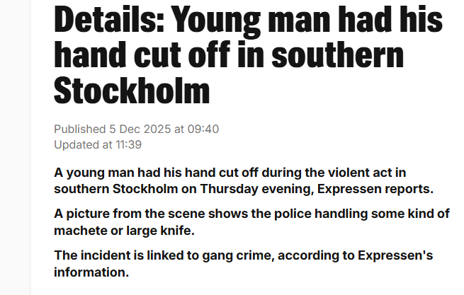 GlobalDiss's tweet photo. 🚨🇸🇪 A young man was brutally attacked in a Stockholm park last night. 

His hand was cut off with a machete. Police now admit Sweden has 65 no go zones. 

So why is the mainstream media staying silent? https://t.co/3CAlGNCjWc