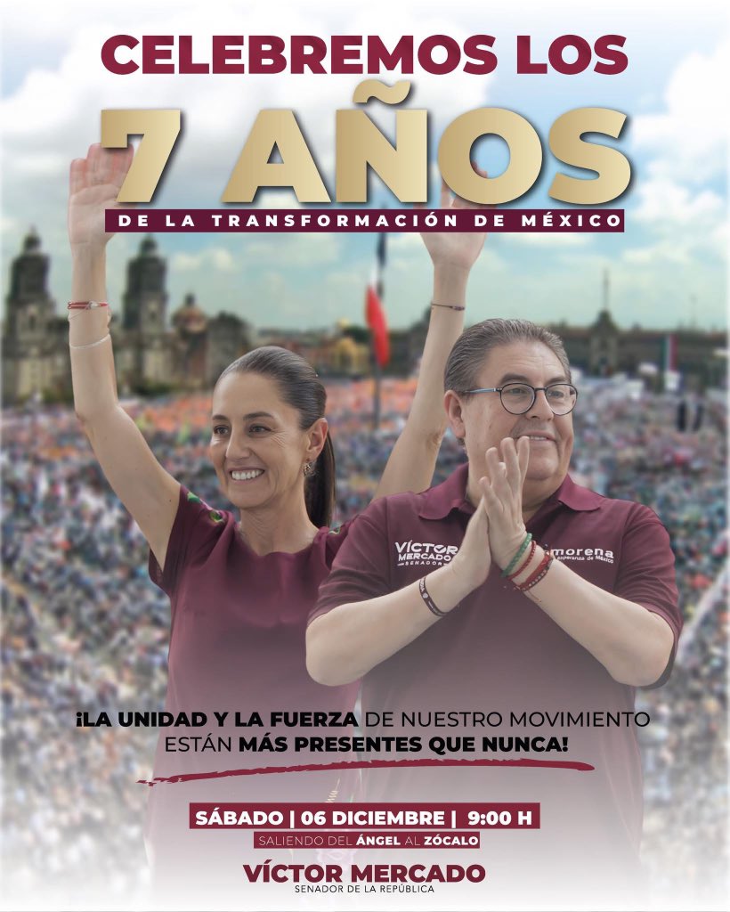 Este 6 de diciembre volveremos a vivir la fuerza de nuestro movimiento, el movimiento del pueblo. 🫂🇲🇽
Acompañemos a nuestra presidenta Claudia Sheinbaum en la conmemoración de 7 años de una transformación que el pueblo ha defendido y consolidado paso a paso. ❤️🇲🇽