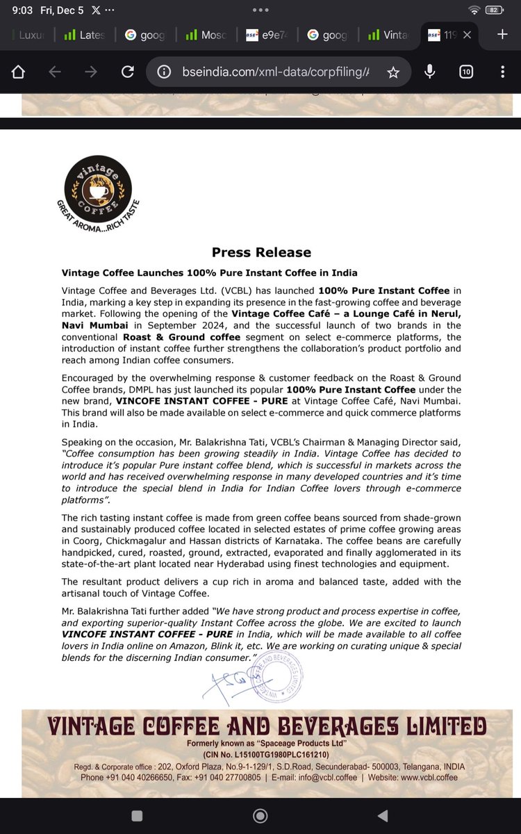 ShridhantS's tweet photo. Today Important Highlights. 🚨🚨

1️⃣ #Vintage coffee:-New product launches , capacity to 11000 MT by mar FY26

2️⃣ promoters Buying in open market:- #EPAC prefab - 10,135 equity share in open market

M&amp;B engineering:- 5150 equity share open market .

3️⃣ #TARIL:- New order. https://t.co/X09EInq50w
